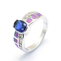 Platin Farbe Zirkonia Fingerringe, mit synthetischen Opal- und Messingbefunden, langlebig überzogen, ellipsenförmige, Größe 7, Blau, Platin Farbe, 17.5 mm