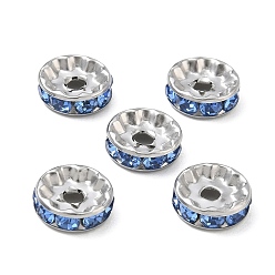 Licht Saphir 304 Edelstahl Rhinestone-Spacer Perlen, flache Runde/Scheiben, Edelstahl Farbe, Licht Saphir, 10x3 mm, Bohrung: 2 mm