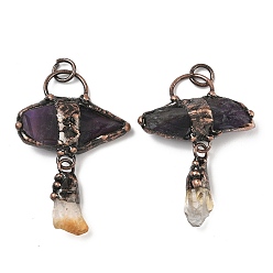 Смешанные камни Натуральный аметист & цитрин большие подвески, подвески-самородки с латунной фурнитурой, Красная медь, 55~62x35~49x8~14 мм, отверстие : 6 мм