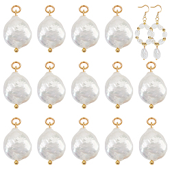 Золотой 16 шт. плоские круглые подвески из натурального жемчуга Кеши, с выводами из латуни и 304 перемычками из нержавеющей стали., цвет морской раковины, золотые, 19 мм