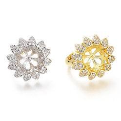 Mixed Color Adjustable Brass Finger Cup Peg Ring Settings, with Micro Pave Cubic Zirconia, For Half Drilled Beads, Long-Lasting Plated, Flower, Clear, Mixed Color, US Size 7, Inner Diameter: 17.3mm, Tray: 10mm