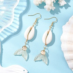 Champagne Gold Серьги-подвески из натурального стекла с ракушками каури, с 304 нержавеющей стали серьги крючки, рыбий хвост, золотые, шампанское золото, 68~73x20 мм