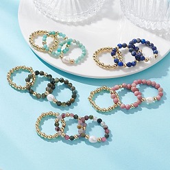 Смешанные камни 15шт. 5 стили: кольца-манжеты с натуральными драгоценными камнями и культивированным пресноводным жемчугом, с латунной бисера, стрейч-кольца, 18 мм, 3 шт / стиль