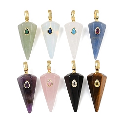 Mixed Stone Natural & Synthetic Mixed Stone Pointed Pendants, Faceted Cone Charms with Brass Micro Pave Cubic Zirconia Findings, Golden, Mixed Dyed and Undyed, 49~49.5x18.5~19x17.5~18mm, Hole: 5.5x7.5mm