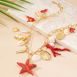 Красный Фарфор, сплав, смола, натуральные ракушки, морские звезды, рыбы, кораллы, ожерелья с кисточками, золотые, красные, 15.75~17.72 дюйм (40~45 см)