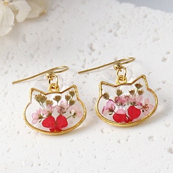 Красный Серьги-подвески из сплава и сушеных цветов, с помощью клея для погружения, форма кошки, золотые, красные, 35x21 мм