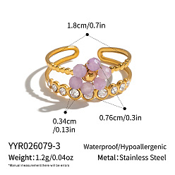 Lila 304 Anillos abiertos de acero inoxidable con diamantes de imitación para mujer, flor, con vidrio, real 18 k chapado en oro, lila, 7.6 mm, diámetro interior: 18 mm