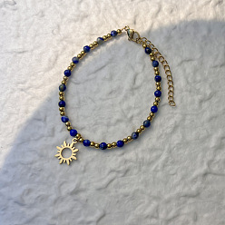 Lapis Lazuli 201 Stainless Steel Sun Charm Bracelets, Natural Lapis Lazuli Round Beaded Bracelets, Golden, 6.69 inch(17cm)