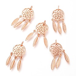 Розовое Золото Латунные подвески, тканая сеть / паутина с пером, розовое золото , 26x12x1.34 мм, отверстие : 3.4 мм