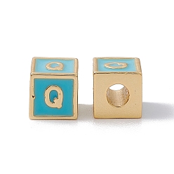 Letter Q Стойки покрытие латунь эмаль бисер, без кадмия, без никеля и без свинца, реальный 18 k позолоченный, куб с письмом, голубой, letter.q, 6x6x6 мм, отверстие : 2.5 мм