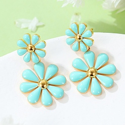 Бирюза 304 серьги из нержавеющей стали эмаль, цветок, золотые, бирюзовые, 31x18.1 мм