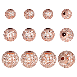 Rose Gold 12Pcs 3 Styles Brass Micro Pave Cubic Zirconia Beads, Round, Rose Gold, 6~10.5mm, Hole: 1.4~2mm, 4pcs/style