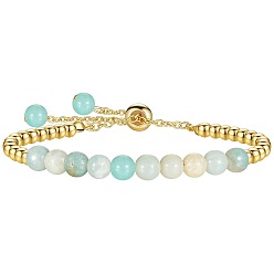Flower Amazonite Natural Flower Amazonite 304 Stainless Steel Round Beaded Adjustable Slider Bracelets for Men Women, Real 18K Gold Plated, 6.30 inch(16cm)