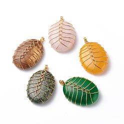 Mixed Stone Natural Mixed Gemstone Pendants, with Golden Tone Copper Wire Wrapped, Oval Charm, Mixed Dyed and Undyed, 46.5x31x10mm, Hole: 3mm