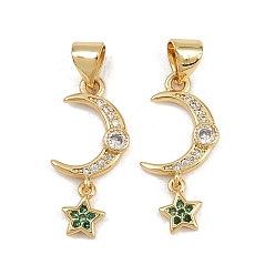 Настоящее золото 16K Латунные микро проложить кубического циркония подвески, Луна и звезды, реальный 16 k позолоченный, 21.5x10.5x2 мм, отверстие : 4.5x3.5 мм