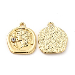Light Gold Rack Plating Alloy Rhinestone Pendants, Cadmium Free & Lead Free, Flat Round with Human Charms, Light Gold, 18x15.5x1.5mm, Hole: 1.6mm