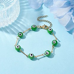 Lime Green Lampwork Evil Eye Link Chain Bracelets, with Golden Brass Bar Link Chains, Lime Green, 7 inch(17.8cm)