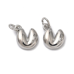 Платина Подвески в виде сердца из печенья с предсказаниями, инкрустированные прозрачными кубическими циркониями, из латуни., долговечный, стойки покрытие, без свинца и без кадмия, платина, 11x10x3.5 мм, Перейти кольцо: 5x1 мм, внутренний диаметр: 3 мм