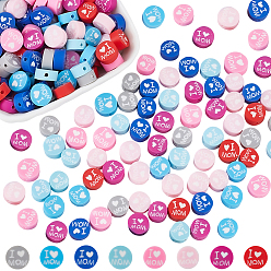 Mixed Color 240Pcs 8 Colors Handmade Polymer Clay Bead Strands, Mother's Day Theme, Flat Round with Word I Love MOM, Mixed Color, 8x4mm, Hole: 1.4mm, 30pcs/color