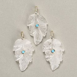 Quartz Crystal Natural Quartz Crystal Pendants, Leaf Charms, with Brass Pave Cubic Zirconia Findings, Golden, 39~40x24.5~26x5.5~7mm, Hole: 5.5x7mm