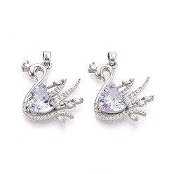 Светло-Синий Латунные микро проложить кубического циркония подвески, без кадмия, без никеля и без свинца, лебедь, платина, голубой, 23.5x23x6.5 мм, отверстие : 4x2.5 мм