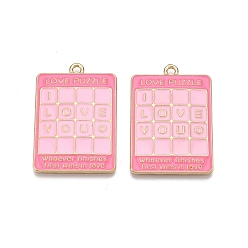 Ярко-Розовый Стойки обшивки сплава эмали подвески, без кадмия, без никеля и без свинца, золотой свет, прямоугольник с головоломкой-подвеской «любовь», ярко-розовый, 33x23x2 мм, отверстие : 1.8 мм