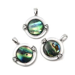 Плоский Круглый Подвески из латуни с кубическим цирконием и раковинами морского ушка, Пресноводные ракушки, платина, плоско-круглые, 18.5x19.5x5.5 мм, отверстие : 5.5x2.5 мм