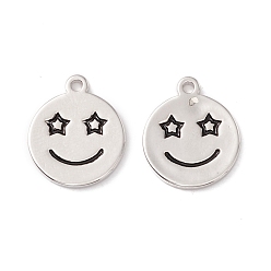 Real Platinum Plated Rack Plating Eco-friendly Brass Pendants, Cadmium Free & Lead Free, Flat Round with Smiling Face, Real Platinum Plated, 16.5x14x1.5mm, Hole: 1.5mm