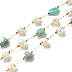 Flower Amazonite Цепочки из бусин из натурального жемчуга и цветов амазонита, фурнитура из нержавеющей стали , долговечный, пайки, золотые, 5~9.5x4~8x2~5 мм, 4~6x5.5~8 мм