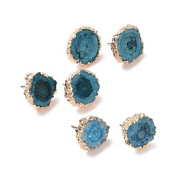 Deep Sky Blue Natural Dyed Quartz Stud Earrings, with Brass Findings, Flat Round, Golden, Deep Sky Blue, 14~22x14~22x5~6mm, Pin: 0.7mm