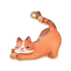Темно-Оранжевый Стойки обшивки сплава эмали подвески, золотые, кошачье очарование, темно-оранжевый, 25x25x2 мм, отверстие : 2 мм