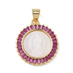 Темно-Розовый Религия латунь микро проложить цирконий подвески, с оболочкой, плоский круглый со святыми подвесками, стойки покрытие, долговечный, без кадмия и без свинца, реальный 18 k позолоченный, темно-розовыми, 21.5x18.5x3.5 мм, отверстие : 4.5x3.5 мм