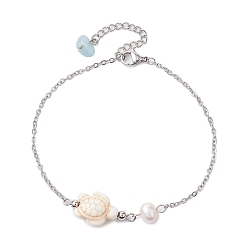 Tortoise Браслеты на ногу из синтетической бирюзы и натурального пресноводного жемчуга, черепаха, 8-3/4 дюйм (22.2 см)