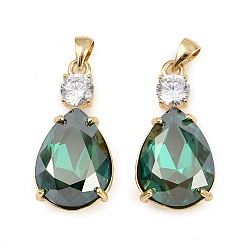 Зеленый Латунные микро проложить кубического циркония подвески, со стеклом, слезинки, стойки покрытие, без кадмия и без свинца, долговечный, реальный 18 k позолоченный, зелёные, 28.5x14.5x8.5 мм, отверстие : 4.5x3.5 мм.