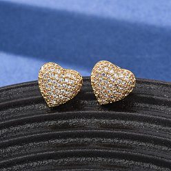 Настоящее золото 18K Серьги-гвоздики из латуни с микропаве из кубического циркония для женщин, сердце, реальный 18 k позолоченный, 10x10.5 мм