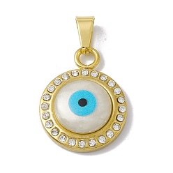 Golden PVD Vacuum Plating 304 Stainless Steel Pendants, with Crystal Rhinestone and Resin Shell, Flat Round with Evil Eye Charms, Golden, 23.5x18x5.5mm, Hole: 6.5x3mm