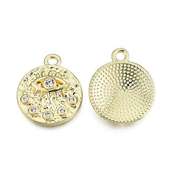 Light Gold Rack Plating Alloy Pendants, with Crystal Rhinestone, Flat Round with Horse Eye Charms, Cadmium Free & Nickel Free & Lead Free, Light Gold, 21.5x18x4mm, Hole: 2mm