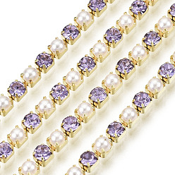 Violet Brass Rhinestone Strass Chains, with ABS Plastic Imitation Pearl, Rhinestone Cup Chain, Grade A, Raw(Unplated), Violet, 2x2mm, 4000pcs rhinestone/bundle, about 32.8 Feet(10m)/bundle