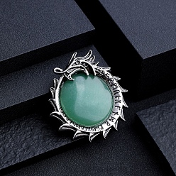Green Aventurine Natural Green Aventurine Metal Flying Dragon Wrapped Pandants, Flat Round Charms, Antique Silver, 40mm