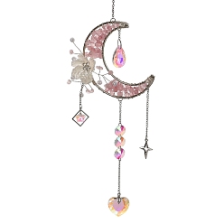 Cuarzo Rosa Atrapasueños colgante de metal con forma de luna y virutas de cuarzo rosa natural, dijes de corazón de cristal para decoración de pared con prismas de ventana, 500x100x25 mm