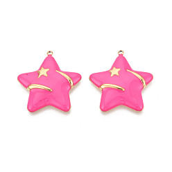 Ярко-Розовый 304 подвески из нержавеющей стали и эмали, звезды прелести, золотые, ярко-розовый, 27x25.5x3.5 мм, отверстие : 1.5 мм