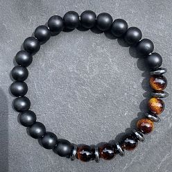 Тигровый глаз Браслеты из натуральных круглых бусин тигрового глаза и матового черного обсидиана для мужчин и женщин, с синтетическими немагнитных гематита бисера