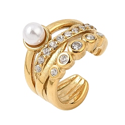 Real 18K Gold Plated 316L Surgical Stainless Micro Pave Clear Cubic Zirconia Cuff Earrings, with Plastic Imitation Pearl, Real 18K Gold Plated, 13x9.5mm