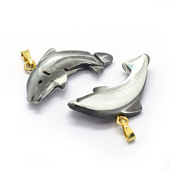 Golden Shell Pendants, with Brass Findings, Dolphin, Dyed, Golden, 15~17x27~29x3~5mm, Hole: 2x5mm