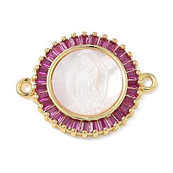 Темно-Розовый Натуральная раковина, резная, религиозная, девственная, соединительная подвеска, звенья из латуни с инкрустацией кубическим цирконием, реальный 18 k позолоченный, стойки покрытие, долговечный, без кадмия и без свинца, темно-розовыми, 18.5x23.5x3.5 мм, отверстие : 1.6 мм