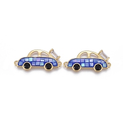 Blue Brass Micro Pave Cubic Zirconia Links, with Enamel & Natural Shell Slice, Long-Lasting Plated, Car, Clear & Black, Golden, Blue, 11.5x25.5x2.5mm, Hole: 1mm