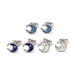 Mixed Color Enamel Crescent Moon with Star Stud Earrings with 316 Surgical Stainless Steel Pins, Stainless Steel Color Plated 304 Stainless Steel Jewelry for Women, Mixed Color, 8.5x8.5mm, Pin: 0.8mm