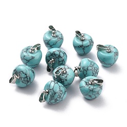 Синтетическая Бирюза Синтетические бирюзовые подвески, с петлями из платиновой латуни, яблоко, 14~15x14x14 мм, отверстие : 6x3 мм