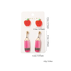 (52) Непрозрачная лаванда 2 пары акриловых сережек-гвоздиков в стиле «возвращаемся в школу», яблоко и ручка, разноцветные, 47x12 мм