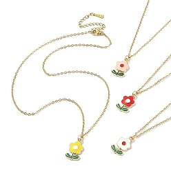 Mixed Color Zinc Alloy Enamel Flower Pendant Necklace with 304 Stainless Steel Cable Chains, Mixed Color, 16.06~16.14 inch(40.8~41cm)